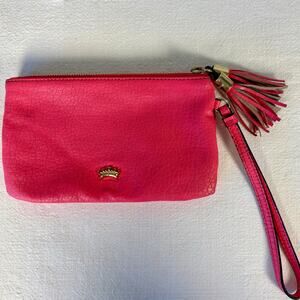 Y2K Vintage Juicy Couture Pink Logo Wristlet Clutch Gold Hardware Faux Leather